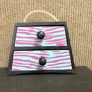 Y2K Zebra Leopard Pink Small Wood Jewelry Box with Handle and Two Drawers